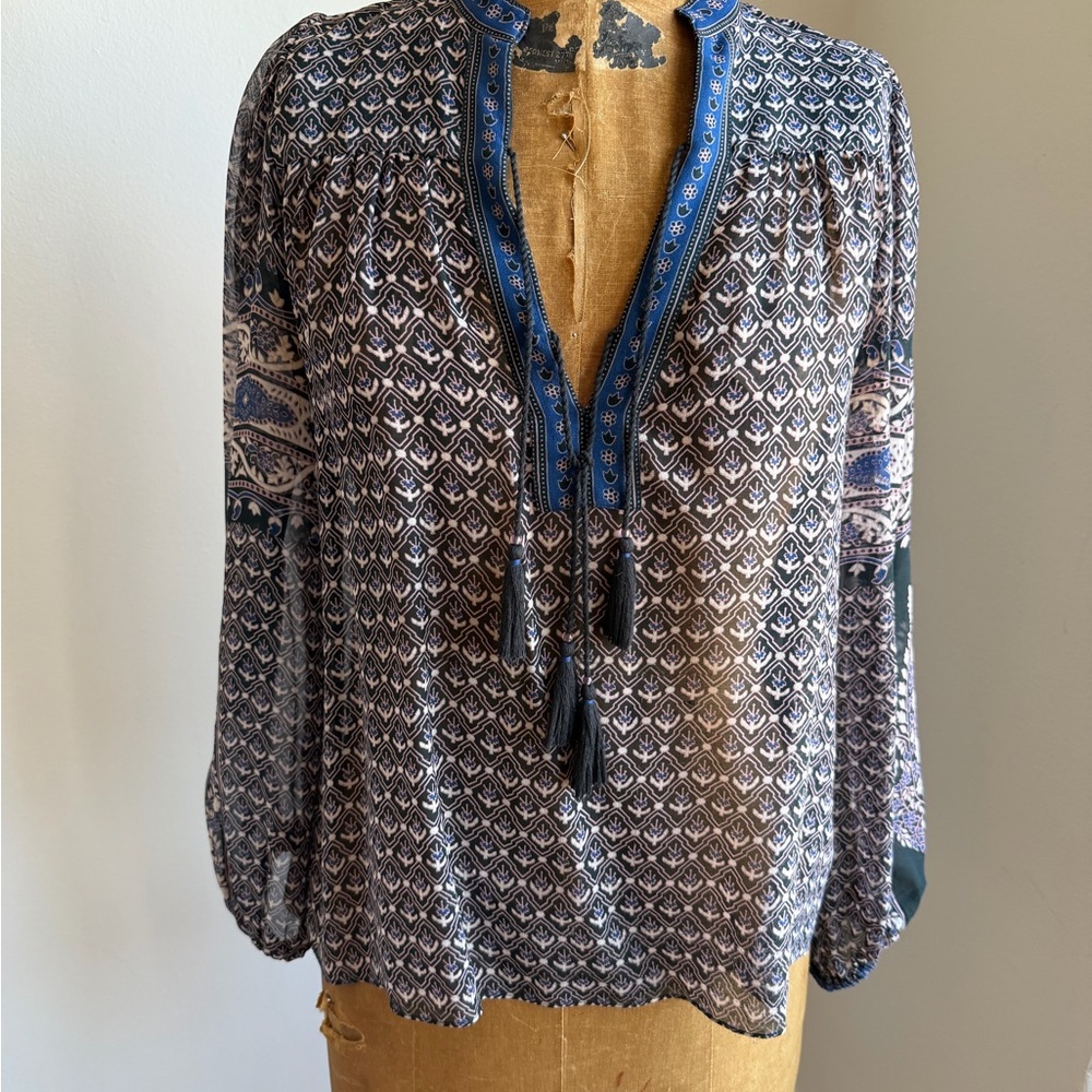 Ulla Johnson Navy & White Printed Tassel Peasant Blouse